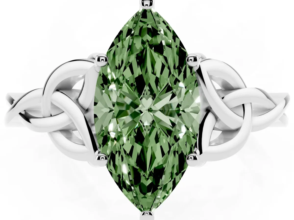 Fancy Green Marquise Cut Diamond Solitaire Engagement Ring with Celtic Knot Band and Four-Prong Setting Platinum
