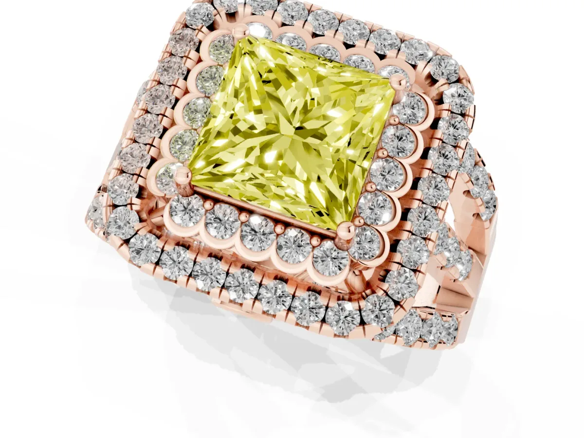Fancy Yellow Princess Cut Diamond Double Halo Ring with Round Pavé Split Shank and Prong Setting Rose gold