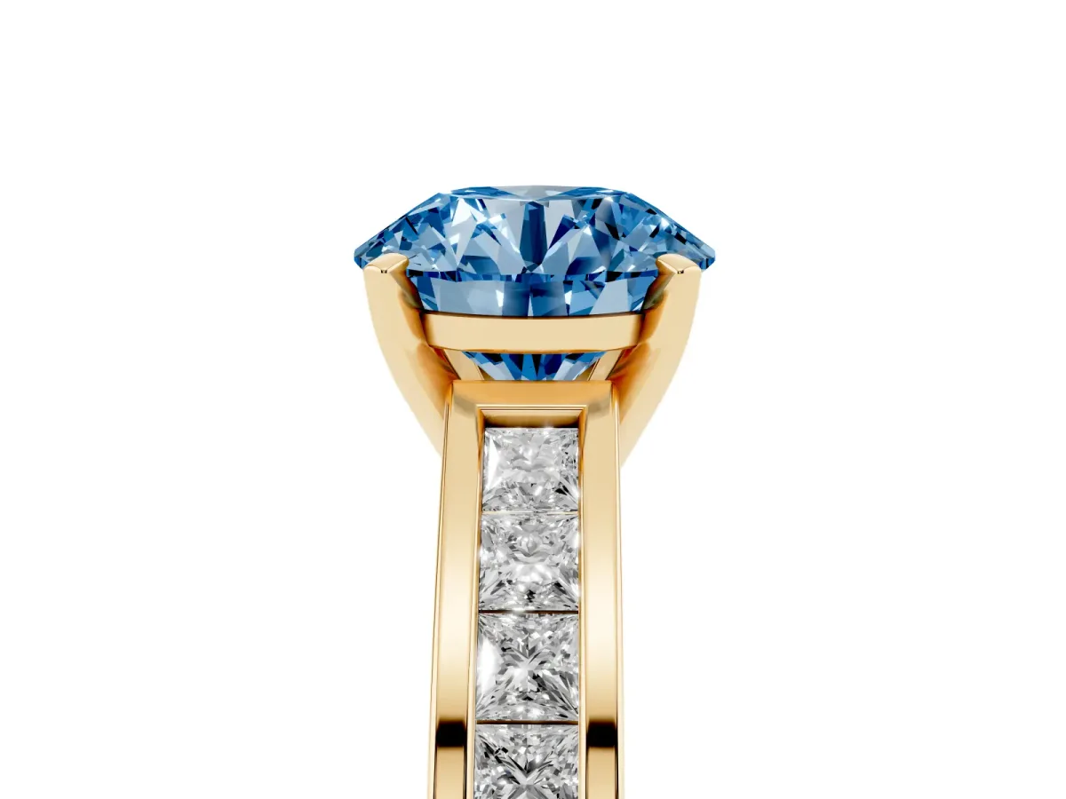 Fancy Blue Round Cut Solitaire Diamond Ring with Channel-Set Band and Four-Prong Setting Yellow gold