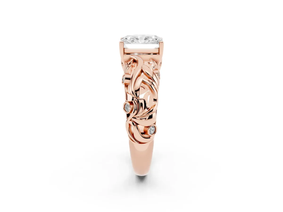 Radiant Cut Solitaire Diamond Leaf-Inspired Vine Band Ring with Prong Setting Rose gold