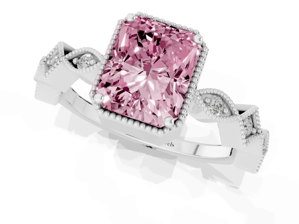 Fancy Pink Radiant Cut Milgrain Marquise Diamond Twist Band Ring Platinum