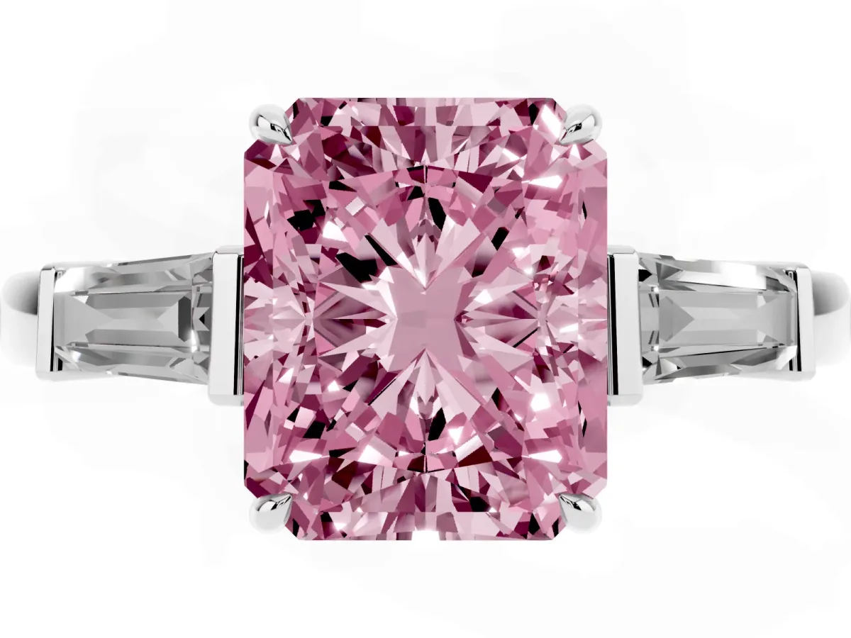 Fancy Pink Radiant Cut Diamond Three-Stone Ring with Tapered Baguette Side Stones and Prong Setting Silver