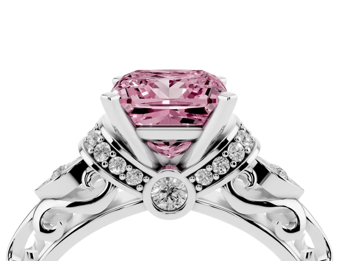 Fancy Pink Princess Cut Diamond Solitaire Ring with Filigree Band and Four-Prong Setting Silver