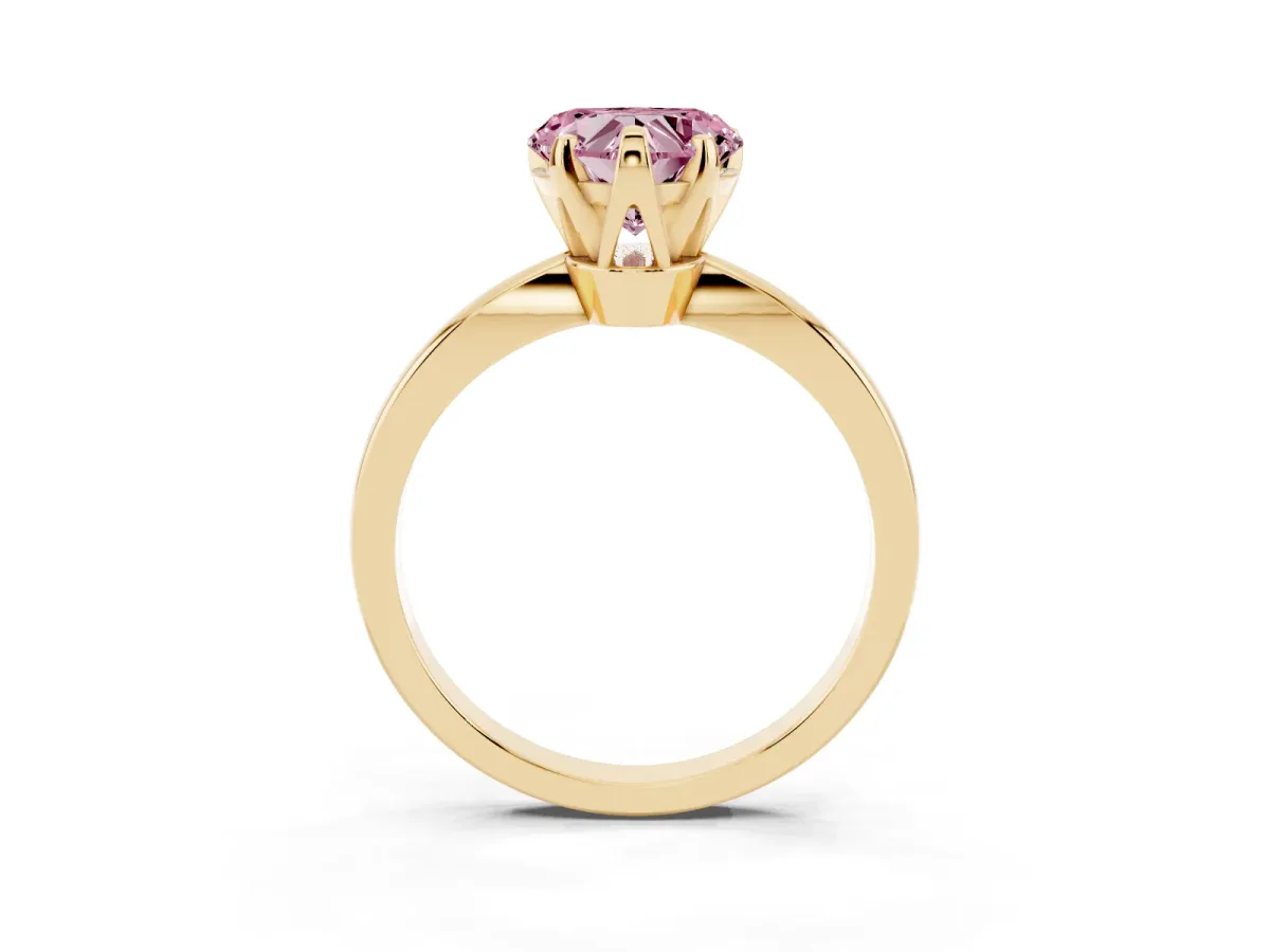 Fancy Pink Heart Cut Solitaire Engagement Ring with Six-Prong Setting and Tapered Band Yellow gold
