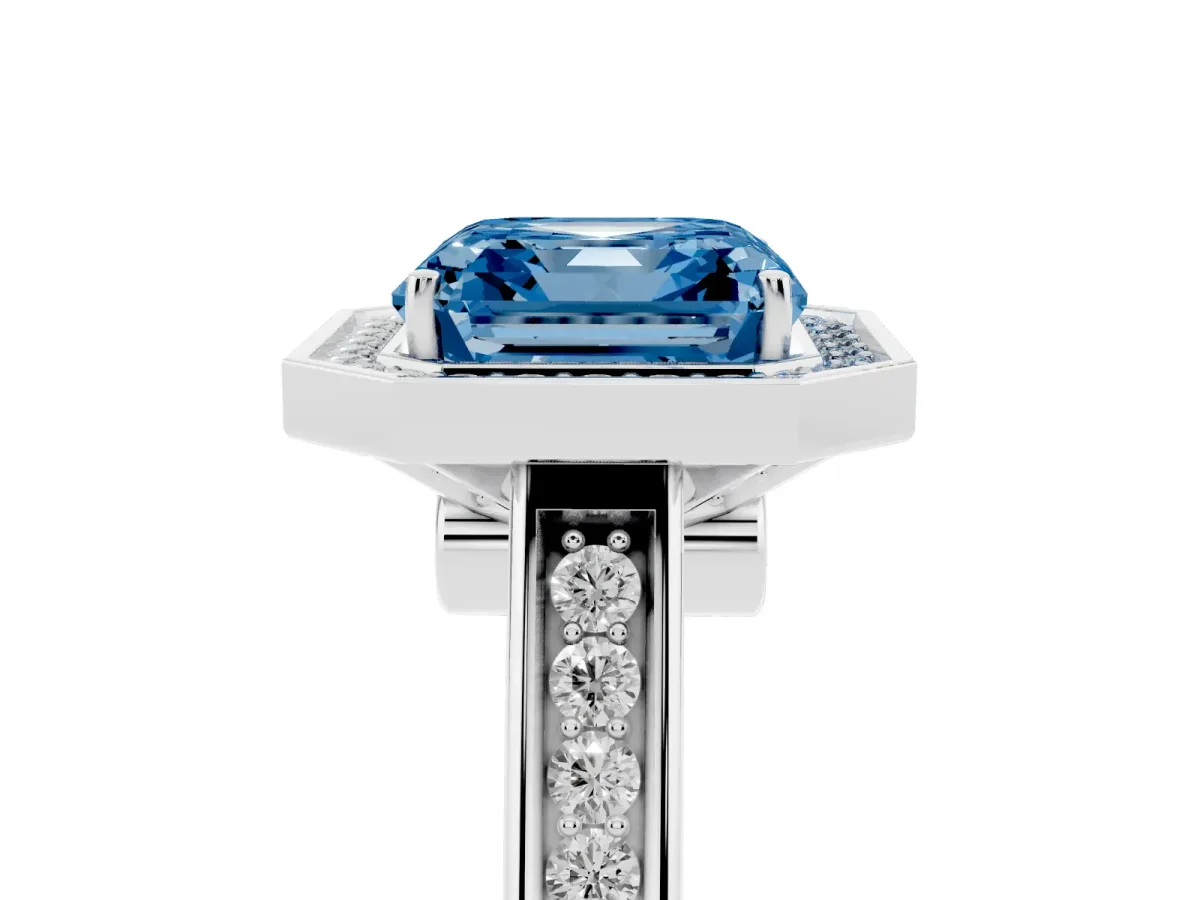 Fancy Blue Asscher Cut Halo Solitaire Diamond Ring with Pave Band and Bezel Setting Silver