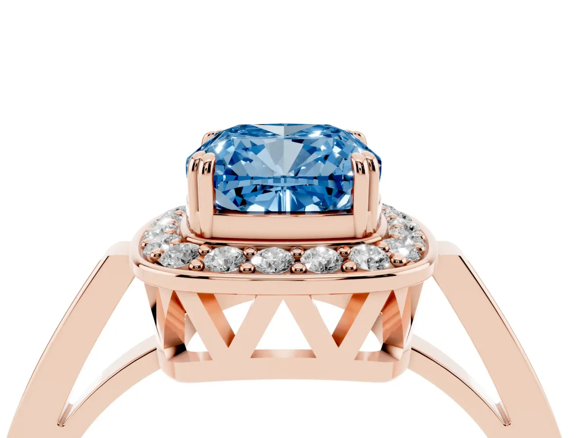 Fancy Blue Cushion Cut Diamond Halo Ring with Split Shank and Four-Prong Setting Rose gold