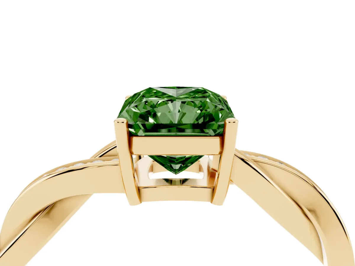 Fancy Green Radiant Cut Solitaire Twisted Pave Diamond Ring with Four-Prong Setting Yellow gold