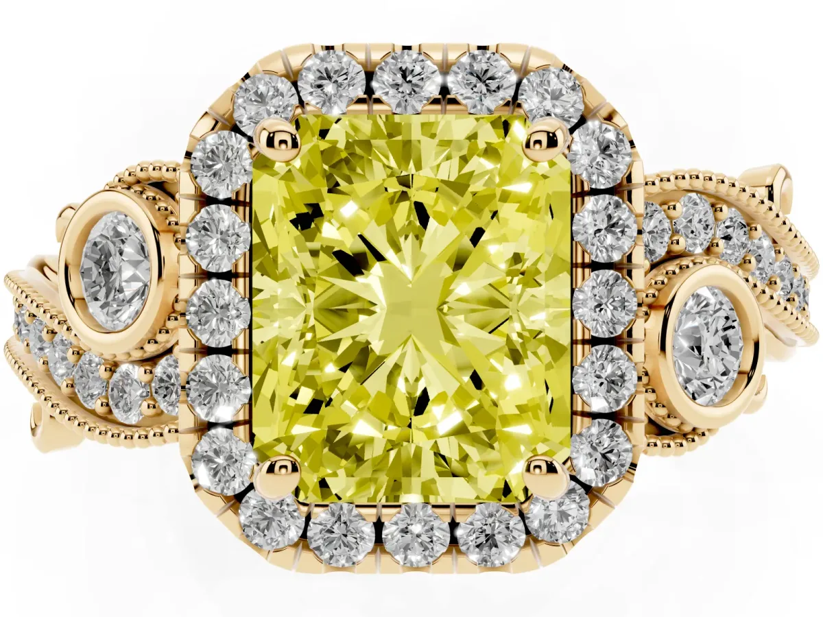 Fancy Yellow Radiant Cut Halo Diamond Ring with Milgrain and Bezel Accents on a Split Shank Band Yellow gold