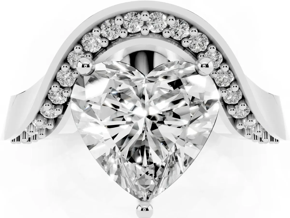 Heart Cut Solitaire Diamond Engagement Ring with Pave Band and Four-Prong Setting Silver