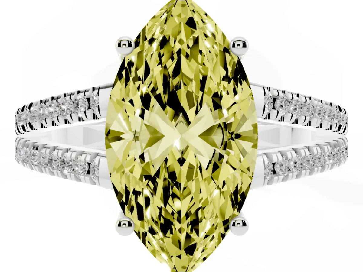 Fancy Yellow Marquise Cut Diamond Solitaire Engagement Ring with Split Shank Pavé Band Silver