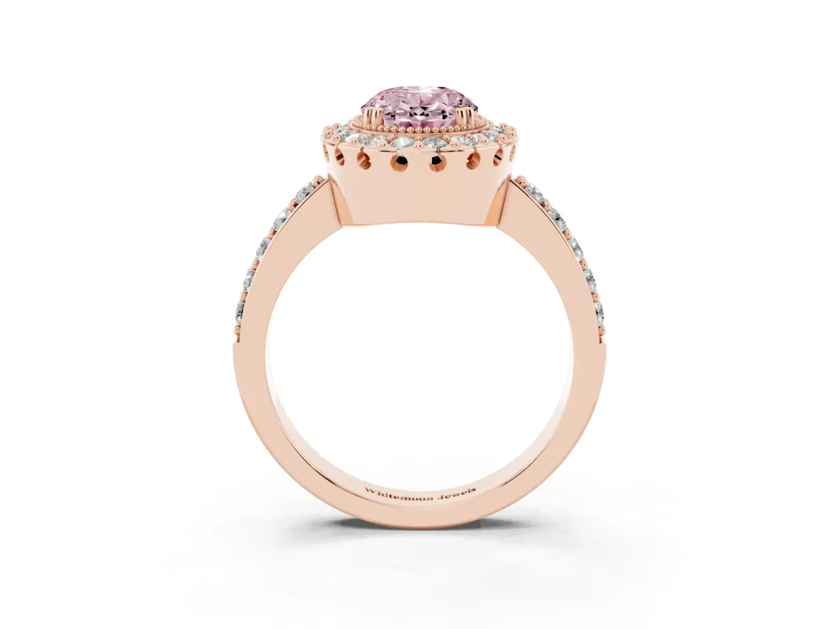 Fancy Pink Oval Cut Diamond Halo Ring with Pavé Band and Prong Setting Rose gold