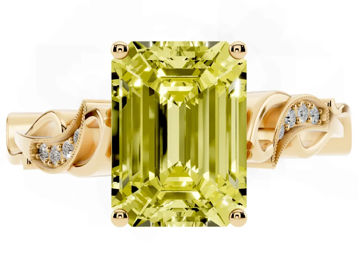 Fancy Yellow Emerald Cut Solitaire Vine Band with Milgrain Prong Setting Yellow gold