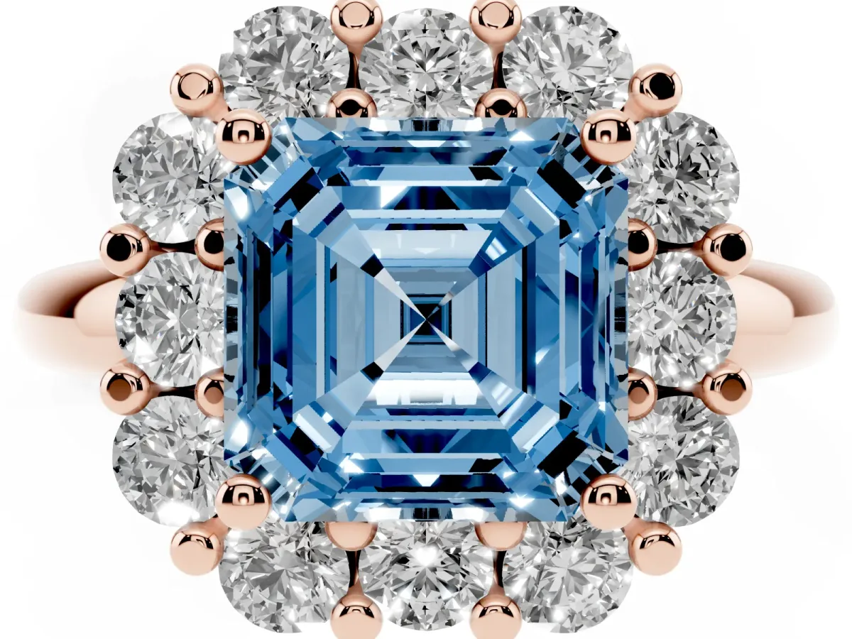 Fancy Blue Asscher Cut Halo Cluster Diamond Engagement Ring with Prong Setting and Polished Band Rose gold