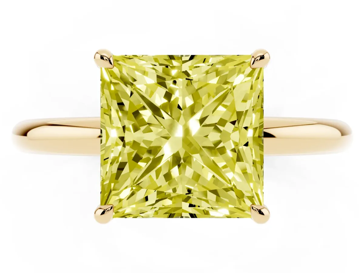 Fancy Yellow Princess Cut Diamond Solitaire Ring with Thin Band and Four-Prong Setting Yellow gold