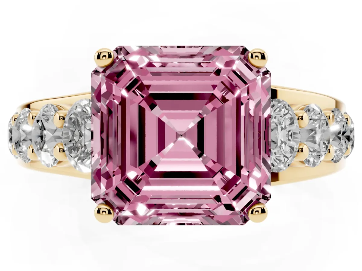 Fancy Pink Asscher Cut Diamond Engagement Ring with Pavé Band and Four-Prong Setting Yellow gold