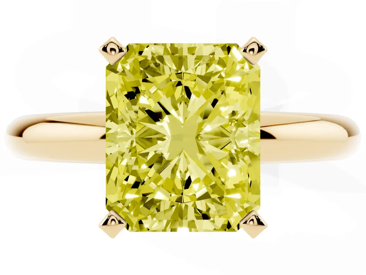 Fancy Yellow Radiant Cut Diamond Solitaire Engagement Ring with Round Band and Four-Prong Setting Yellow gold