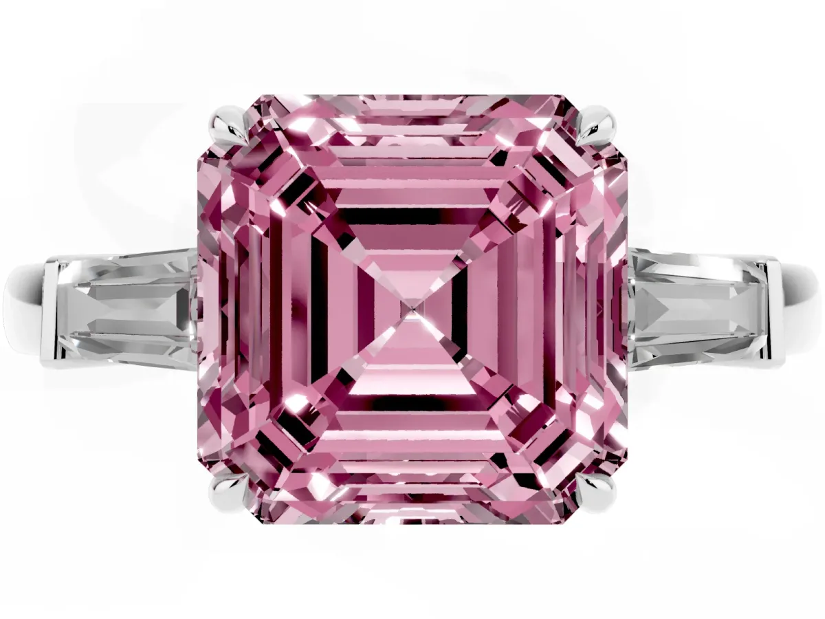 Fancy Pink Asscher Cut Diamond Three-Stone Ring with Tapered Baguette Side Stones and Prong Setting White gold