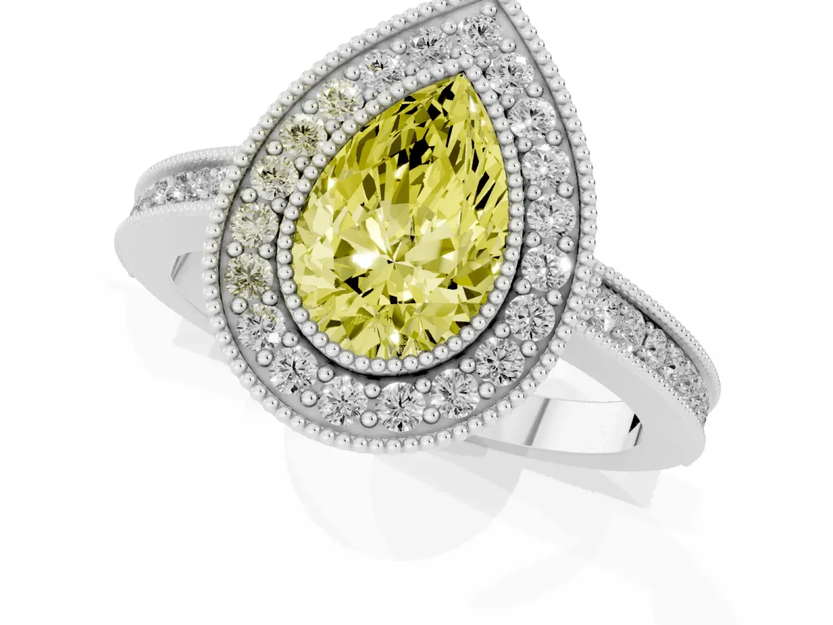 Fancy Yellow Pear Cut Cut Halo Diamond Ring with Pavé Band and Milgrain Prong Setting Silver