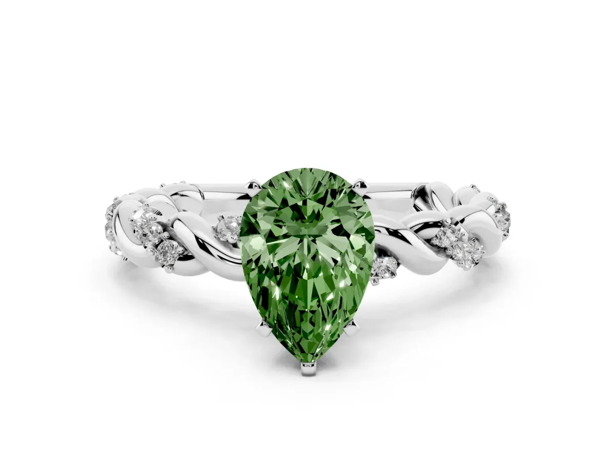 Fancy Green Pear Cut Diamond Solitaire Ring with Twisted Band and Pavé Accents Silver