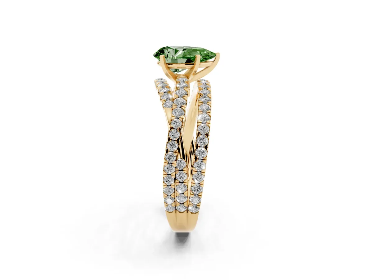 Fancy Green Pear Cut Solitaire Twist Band with Pavé Setting and Four-Prong Setting Yellow gold