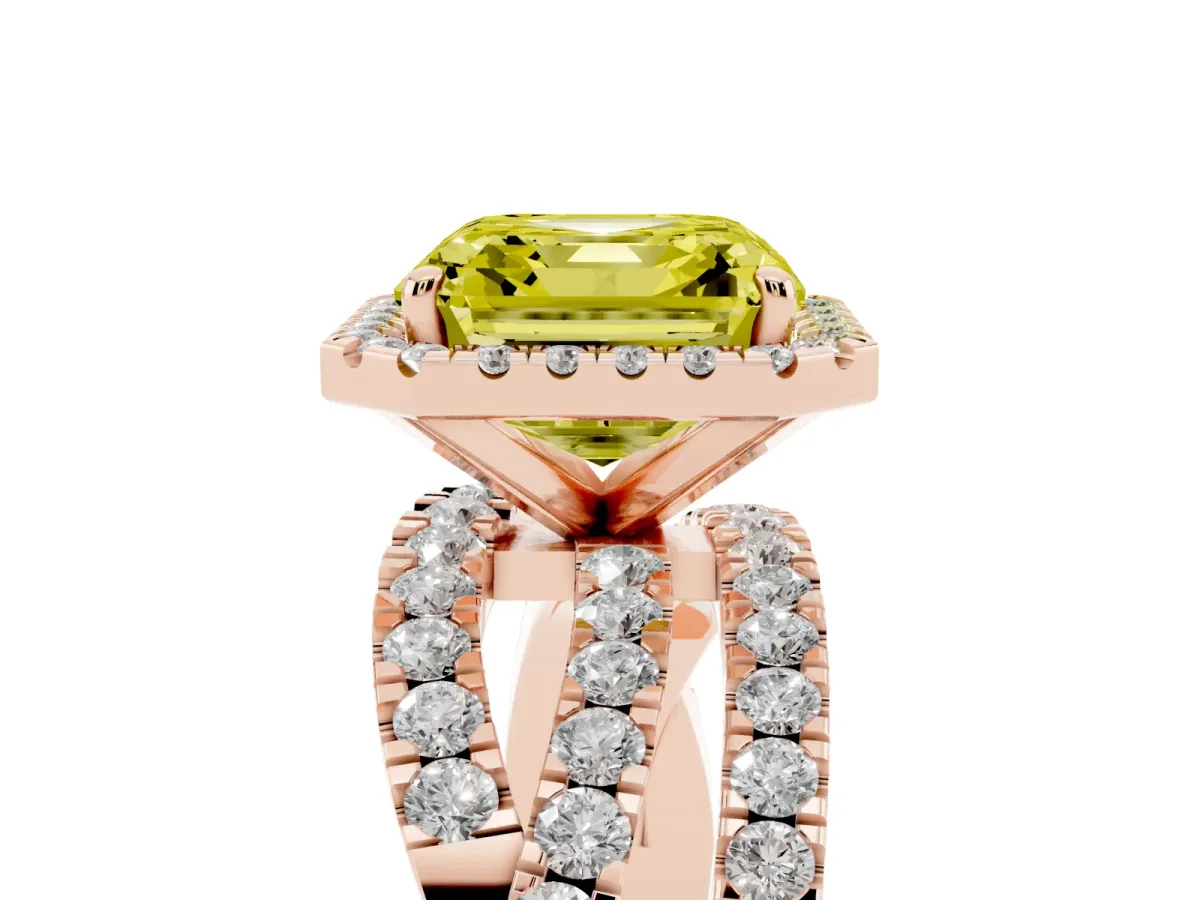 Fancy Yellow Asscher Cut Diamond Halo Ring with Round Split Shank and Prong Setting Rose gold