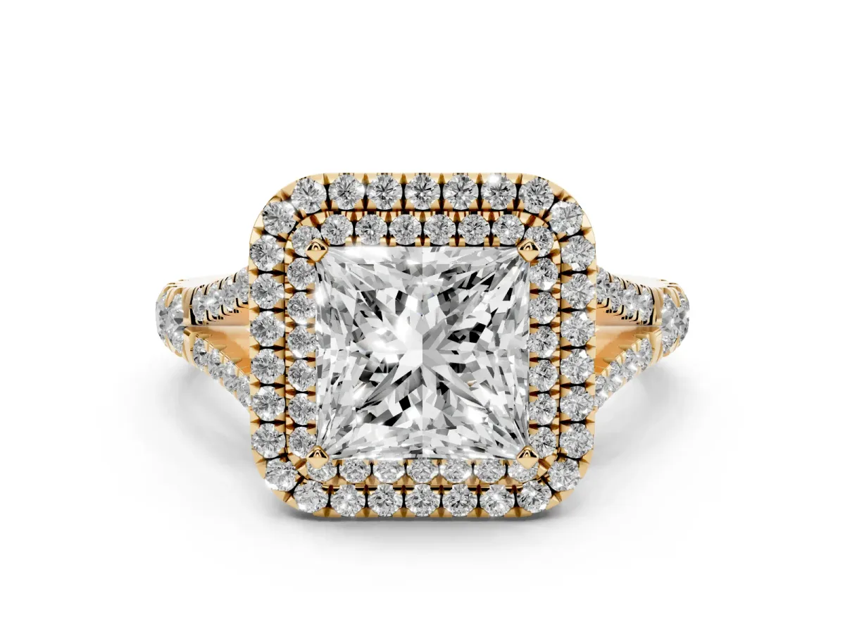 Princess Cut Diamond Pavé Split Shank Double Halo Engagement Ring Yellow gold