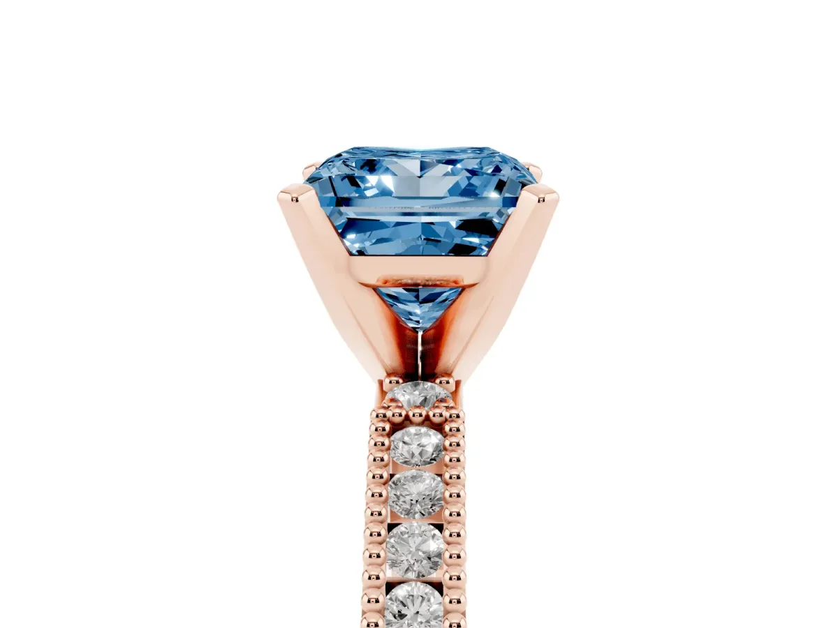 Fancy Blue Princess Cut Solitaire with Pavé Band and Four-Prong Setting Rose gold