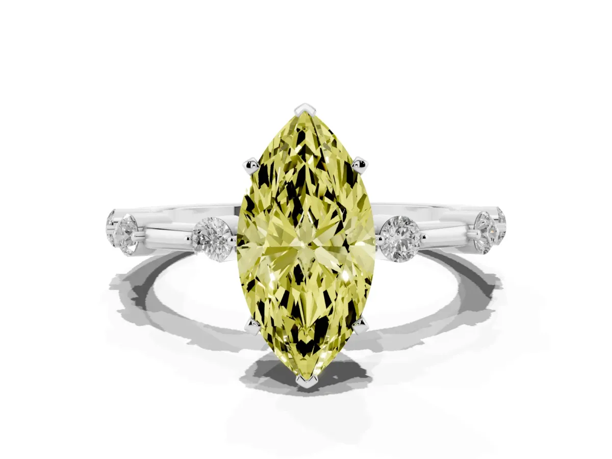 Fancy Yellow Marquise Cut Solitaire Diamond Ring with Bezel Set Side Stones and Prong Setting Silver