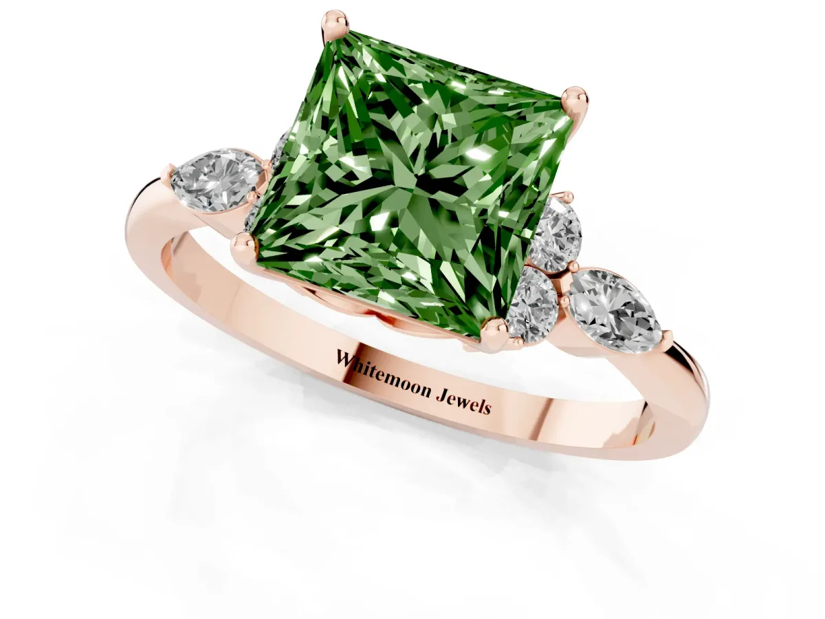 Fancy Green Princess Cut Brilliant Diamond Solitaire Ring with Pear Side Stones and Four-Prong Setting Rose gold