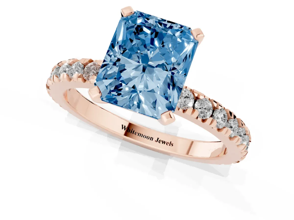 Fancy Blue Radiant Cut Diamond Pavé Band Solitaire with Four-Prong Setting Rose gold