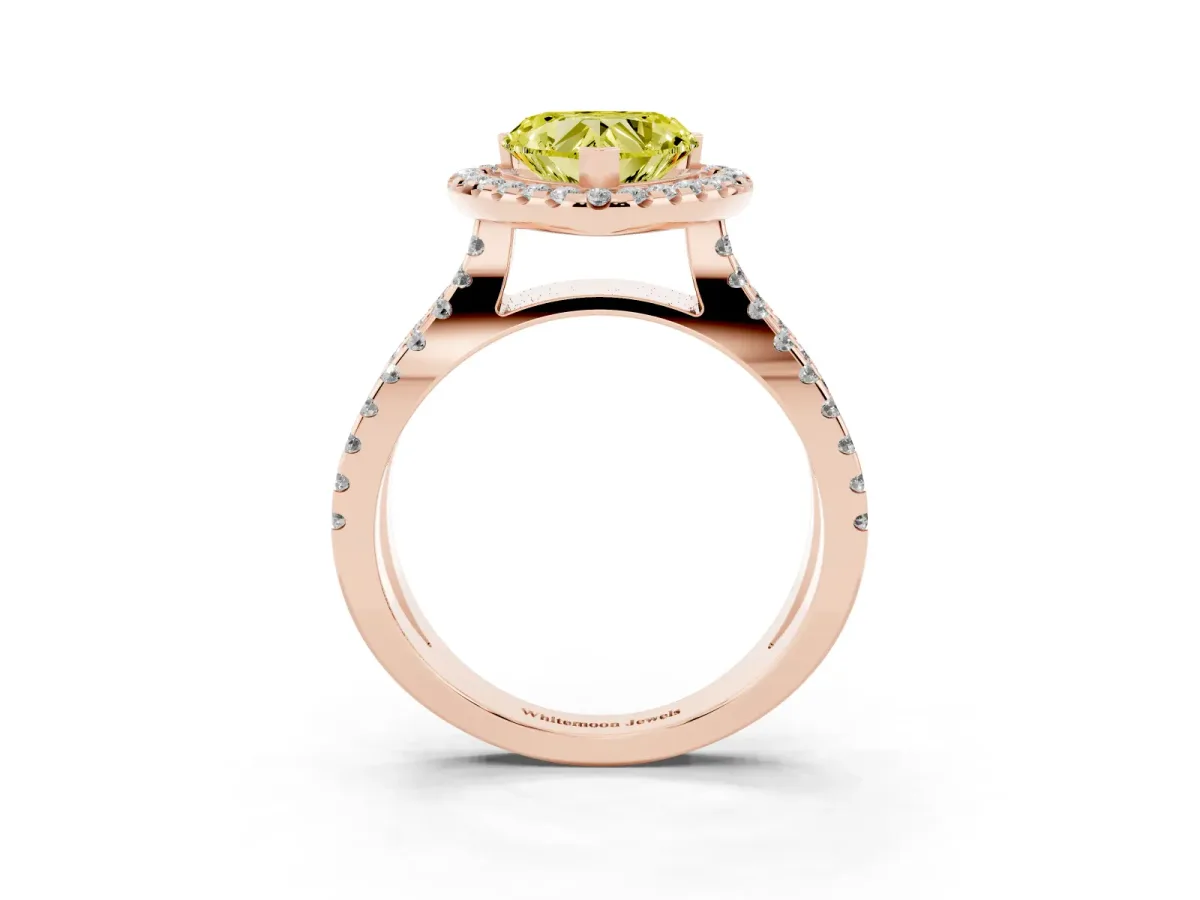 Fancy Yellow Heart Cut Diamond Halo Ring with Split Shank Pavé Band and Prong Setting Rose gold