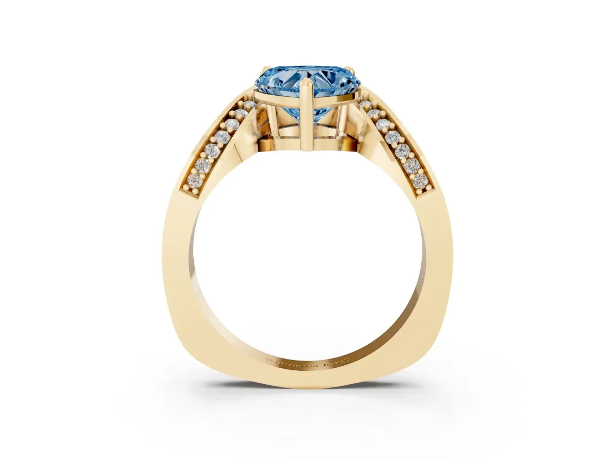 Fancy Blue Heart Cut Solitaire Diamond Engagement Ring with Pave Band and Four-Prong Setting Yellow gold
