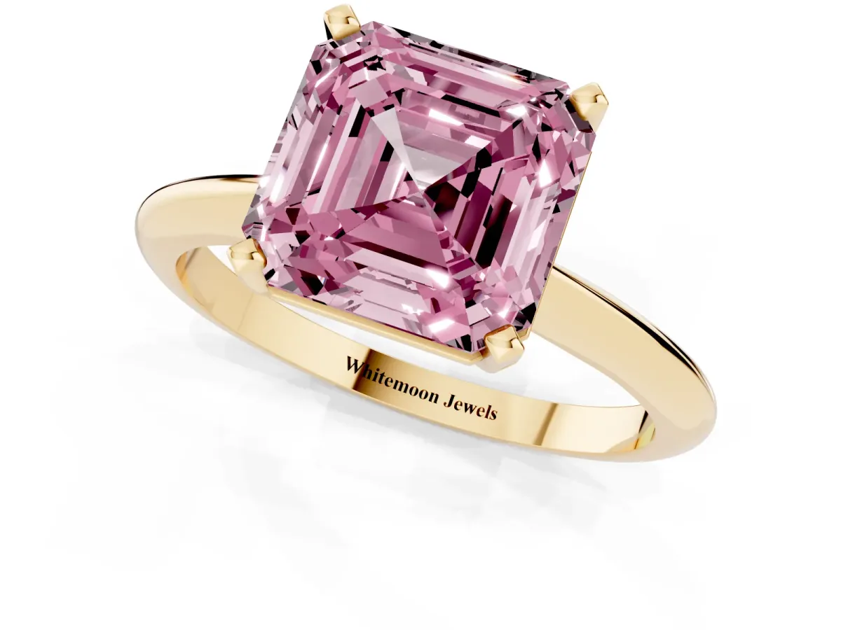 Fancy Pink Asscher Cut Cut Solitaire Ring with Four-Prong Setting on a Classic Band Yellow gold