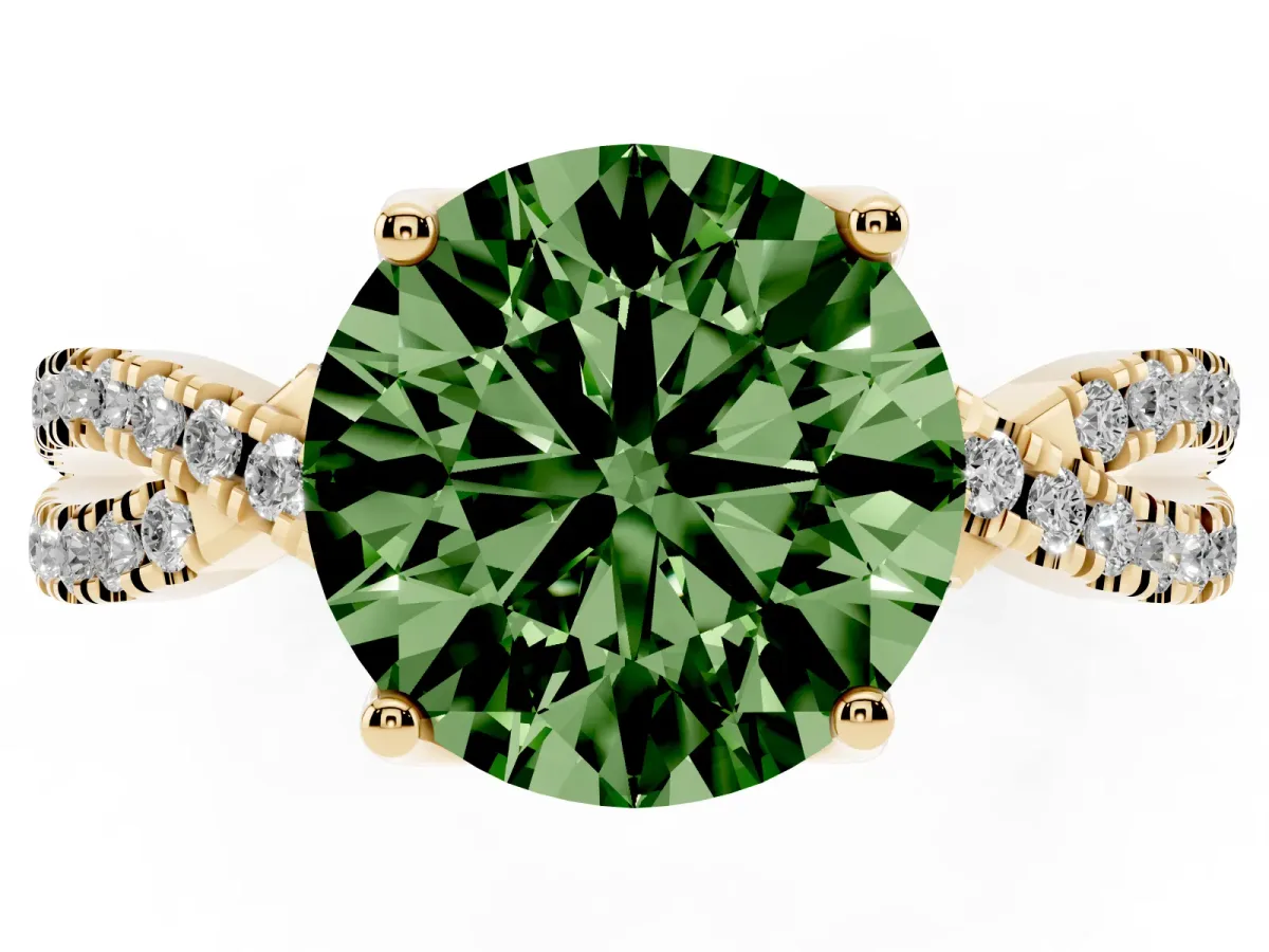 Fancy Green Round Cut Solitaire Twist Pave Diamond Engagement Ring with Prong Setting Yellow gold