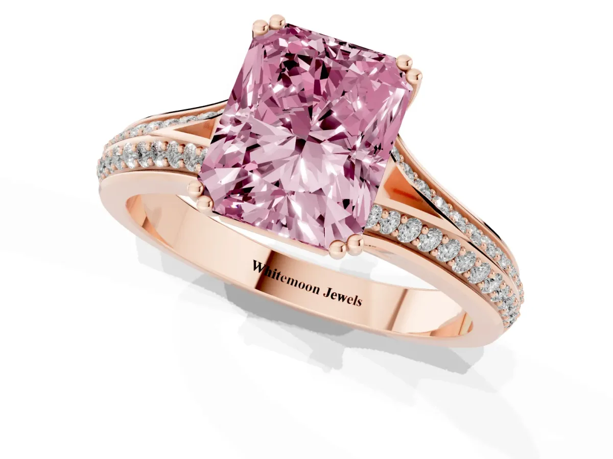 Fancy Pink Radiant Cut Diamond Split Shank Engagement Ring with Pavé Band Rose gold