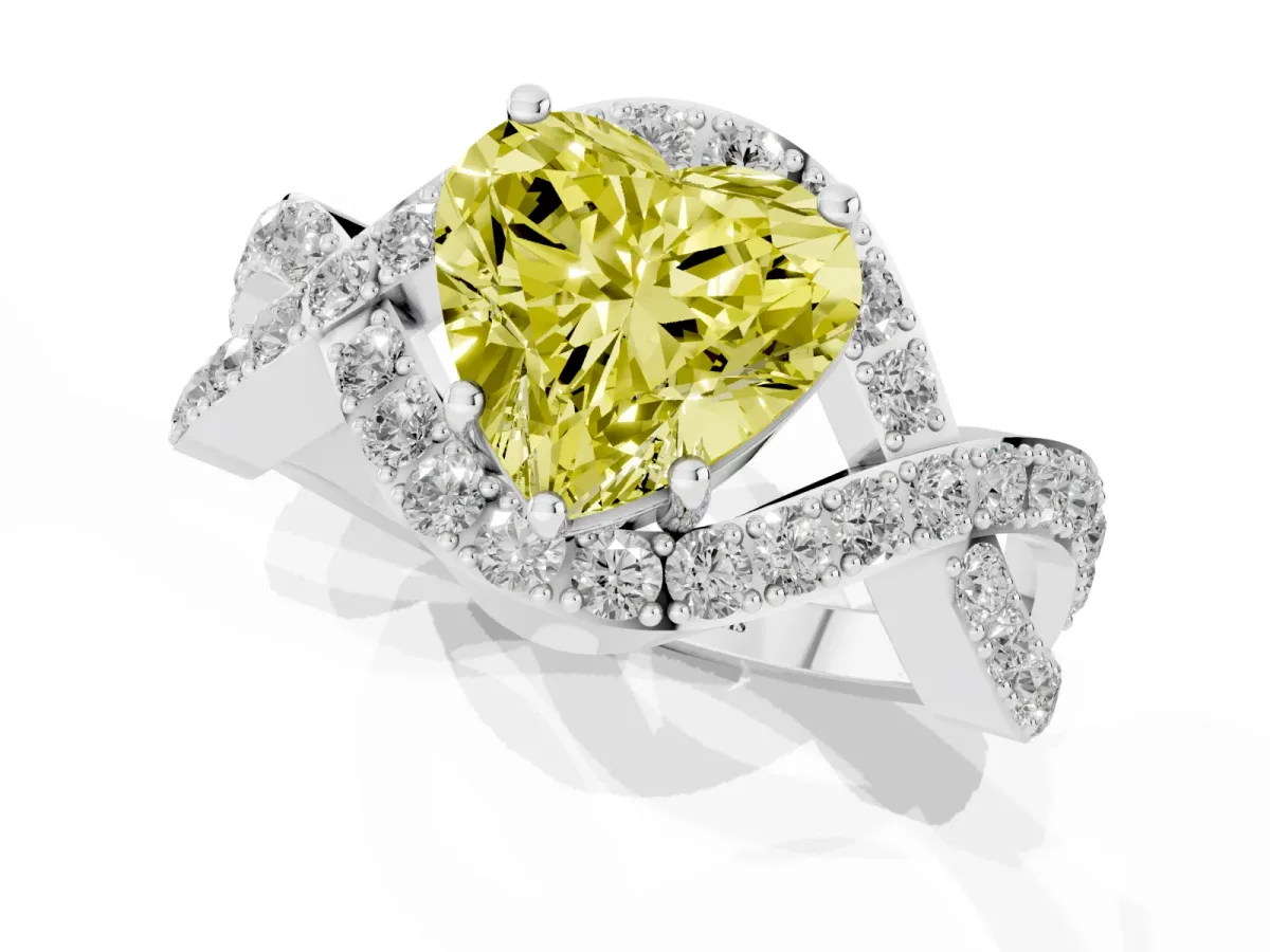 Fancy Yellow Heart Cut Solitaire Twist Band Pavé Diamond Engagement Ring Silver