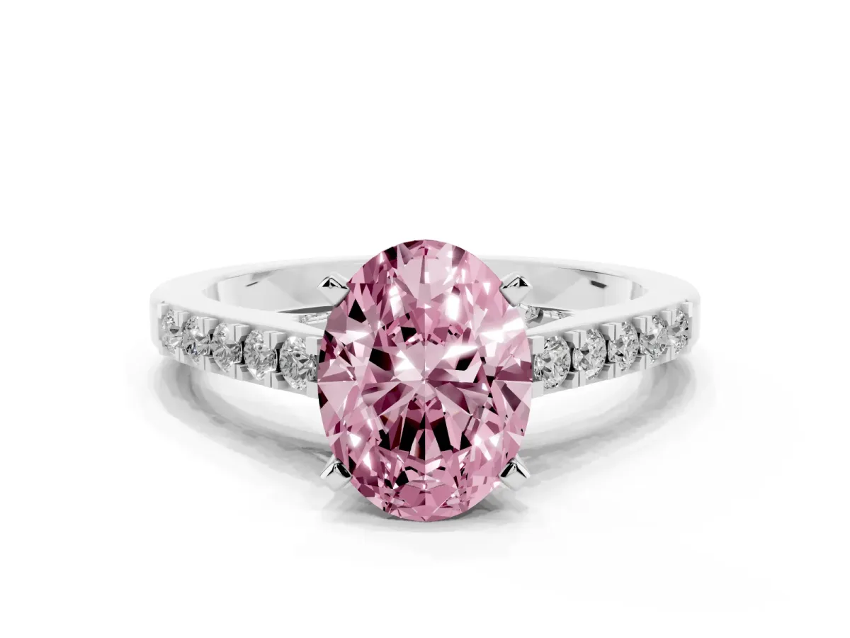 Fancy Pink Oval Cut Diamond Solitaire Ring with Crossover Gallery and Round Pavé Band Platinum