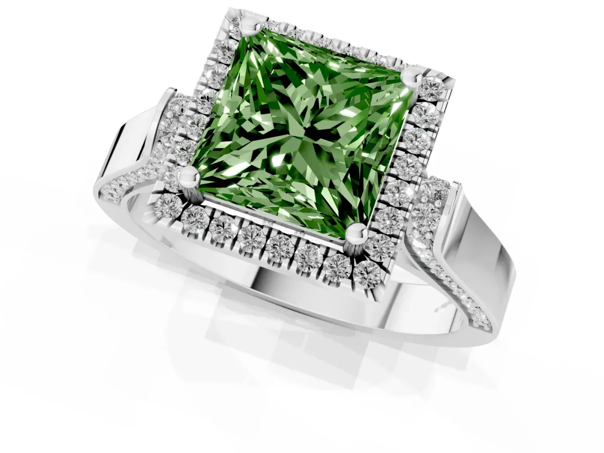 Fancy Green Princess Cut Halo Round Diamond Twist Band with Four-Prong Setting White gold