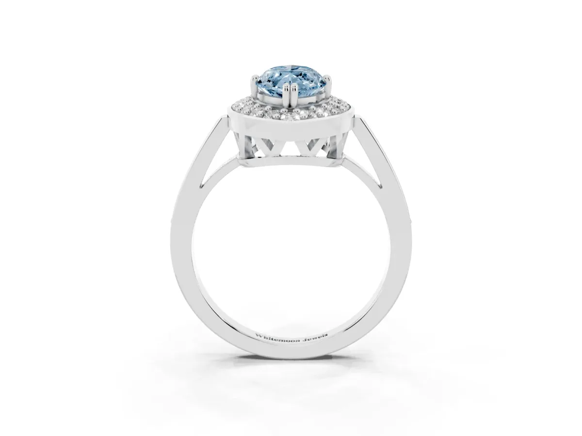 Fancy Blue Marquise Cut Diamond Halo Ring with Split Shank and Four-Prong Setting Platinum