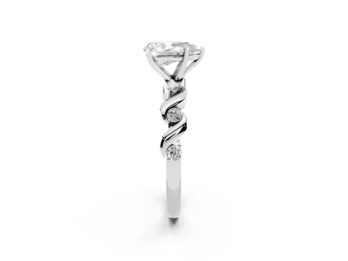 Pear Cut Diamond Solitaire Twisted Band with Round Accents and Prong Setting White gold