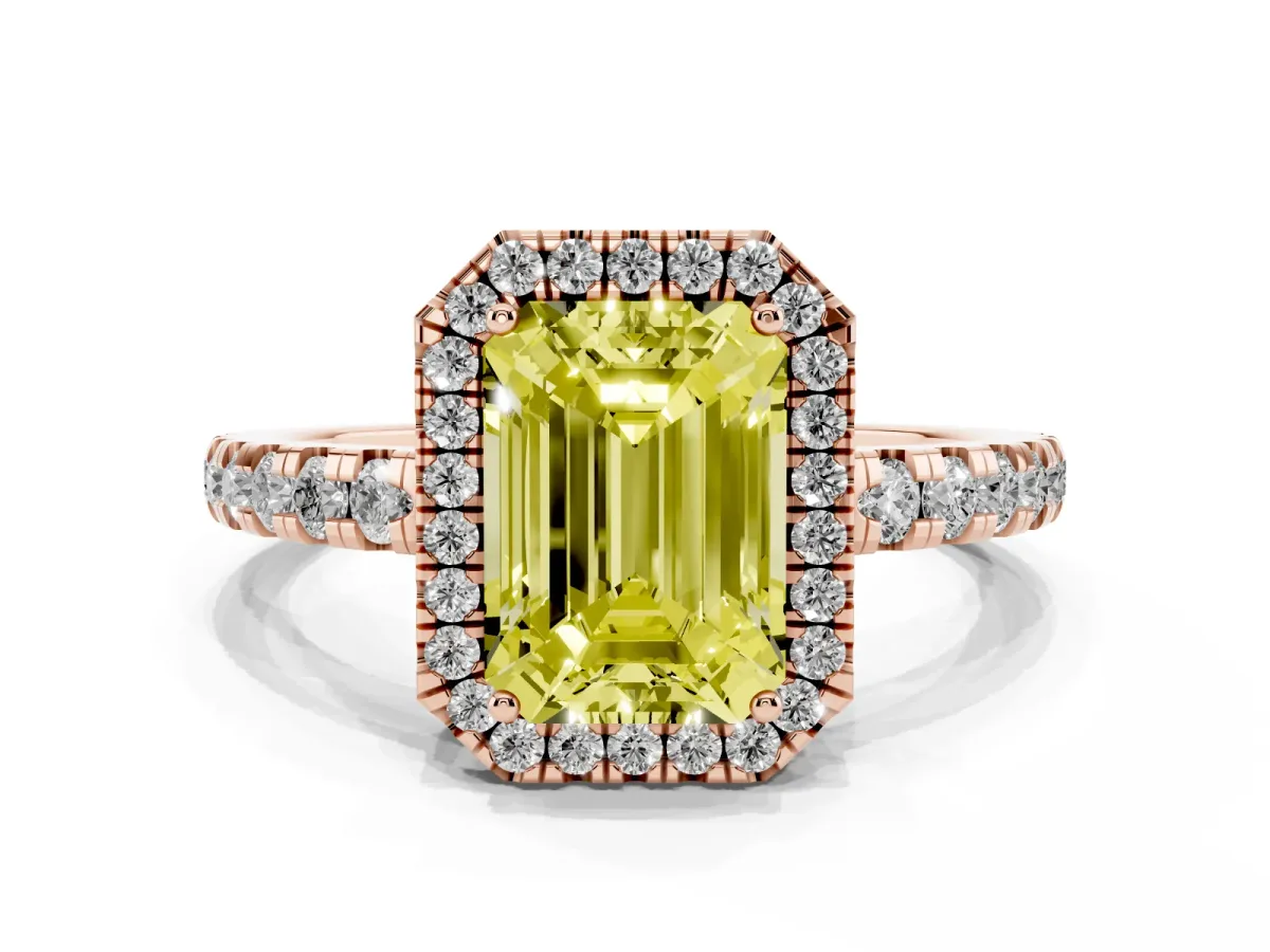 Fancy Yellow Emerald Cut Diamond Halo Ring with Pavé Band and Four-Prong Setting Rose gold