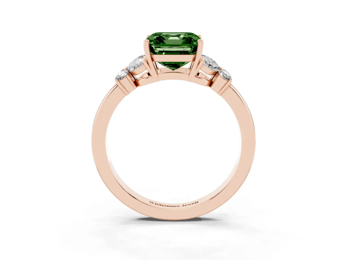 Fancy Green Asscher Cut Cut Solitaire Floral Diamond Ring with Four-Prong Setting Rose gold