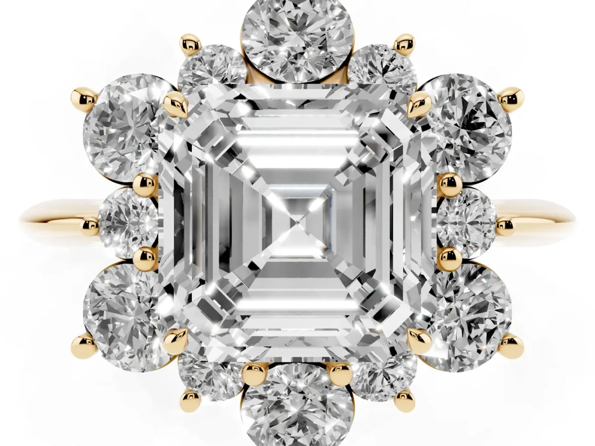 Asscher Cut Diamond Cluster Halo Ring with Solitaire Band and Four-Prong Setting Yellow gold