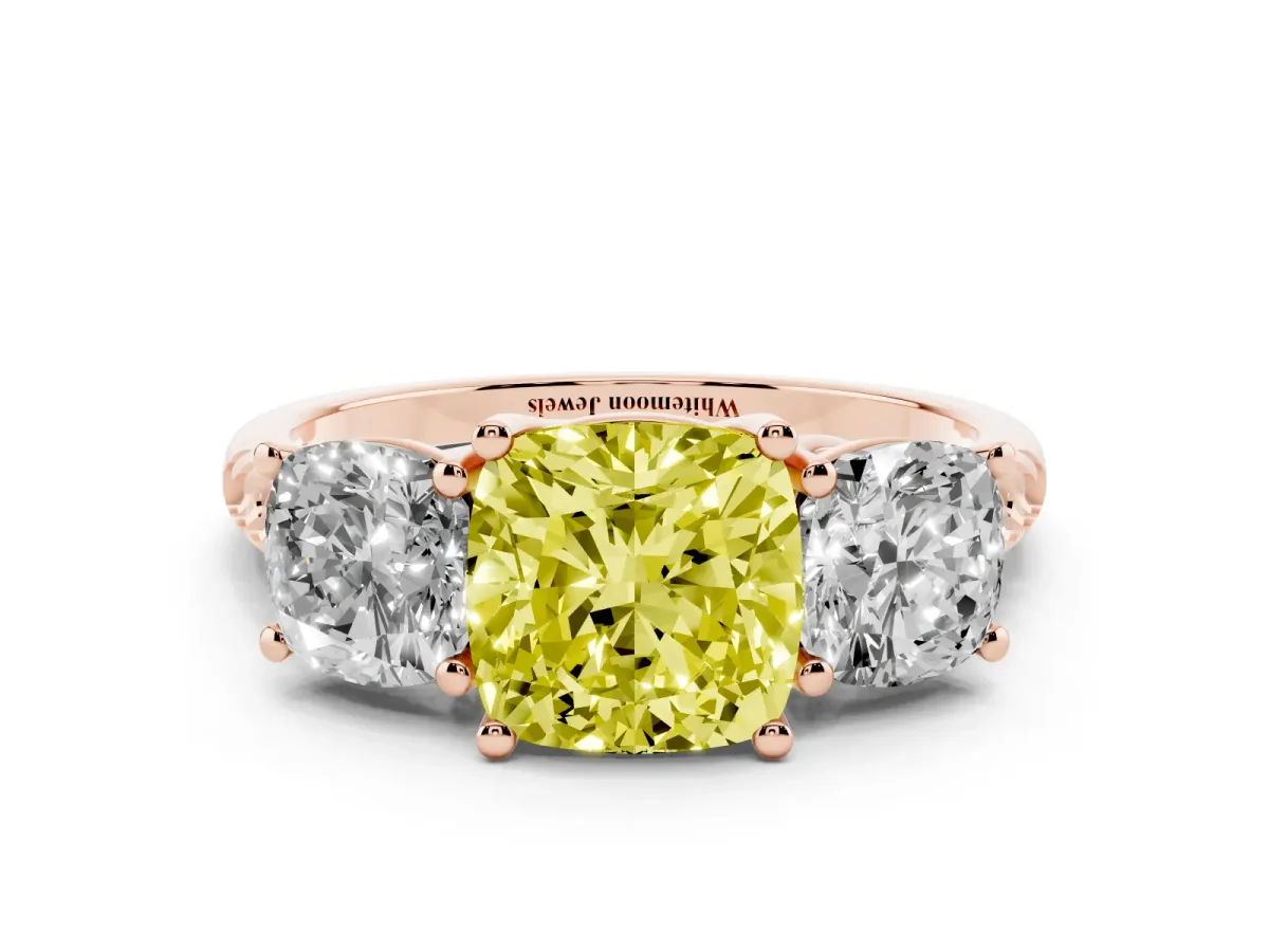 Fancy Yellow Three-Stone Cushion Cut Diamond Ring with Round Pavé Band and Prong Setting Rose gold