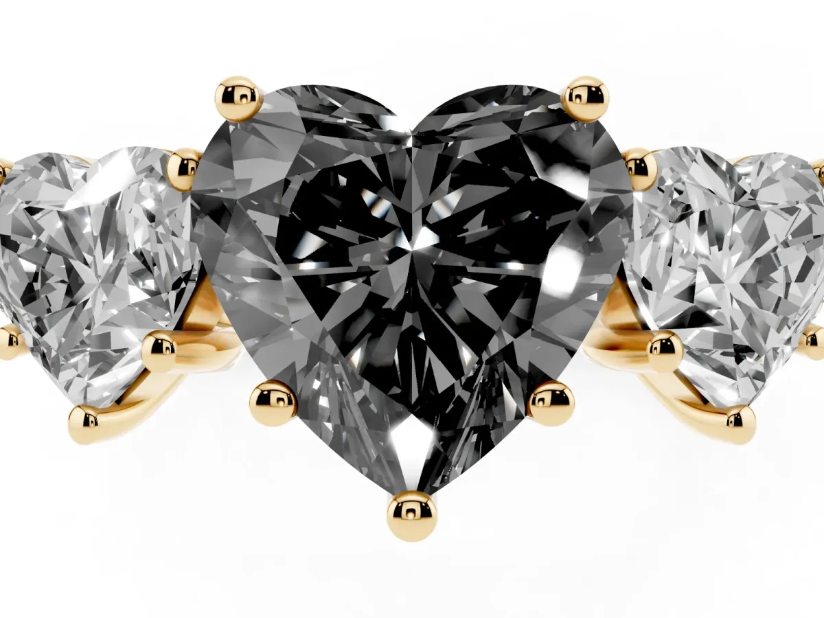 Fancy Black Three-Stone Heart Cut Diamond Ring with Round Pavé Band and Prong Setting Yellow gold