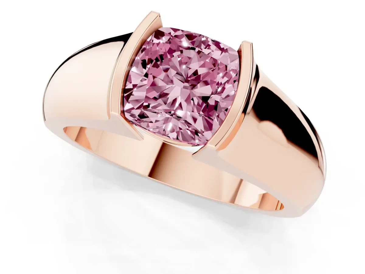 Fancy Pink Cushion Cut Solitaire Bezel Set Diamond Ring with Wide Band Rose gold