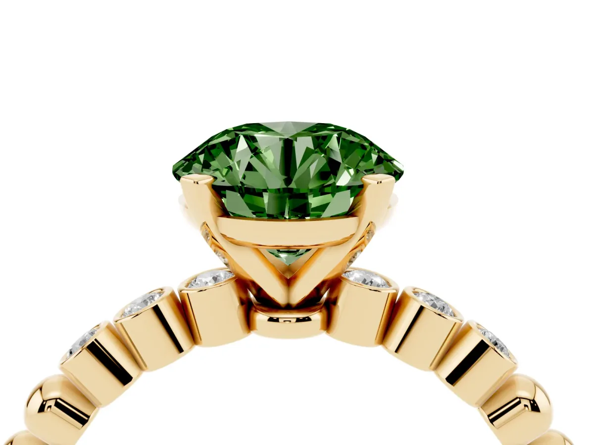 Fancy Green Round Cut Solitaire Bezel Accent Diamond Engagement Ring with Beaded Band and Four-Prong Setting Yellow gold