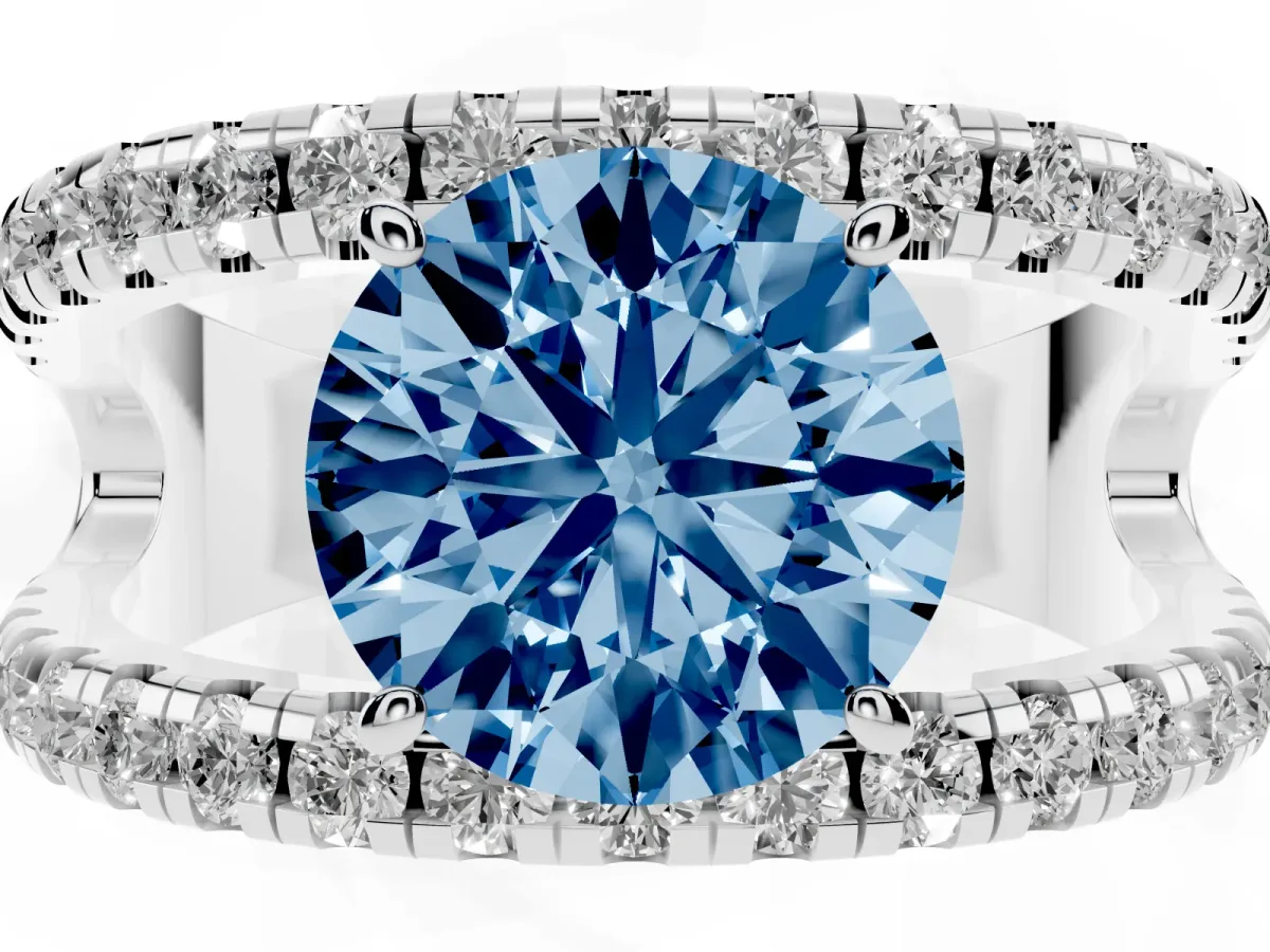 Fancy Blue Round Cut Solitaire Split Shank Pave Diamond Ring Platinum