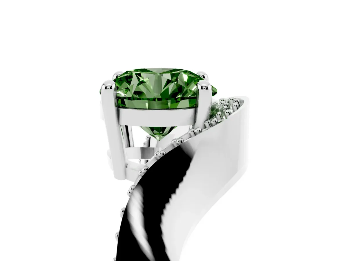 Fancy Green Round Cut Solitaire Diamond Engagement Ring with Pave Band and Four-Prong Setting White gold