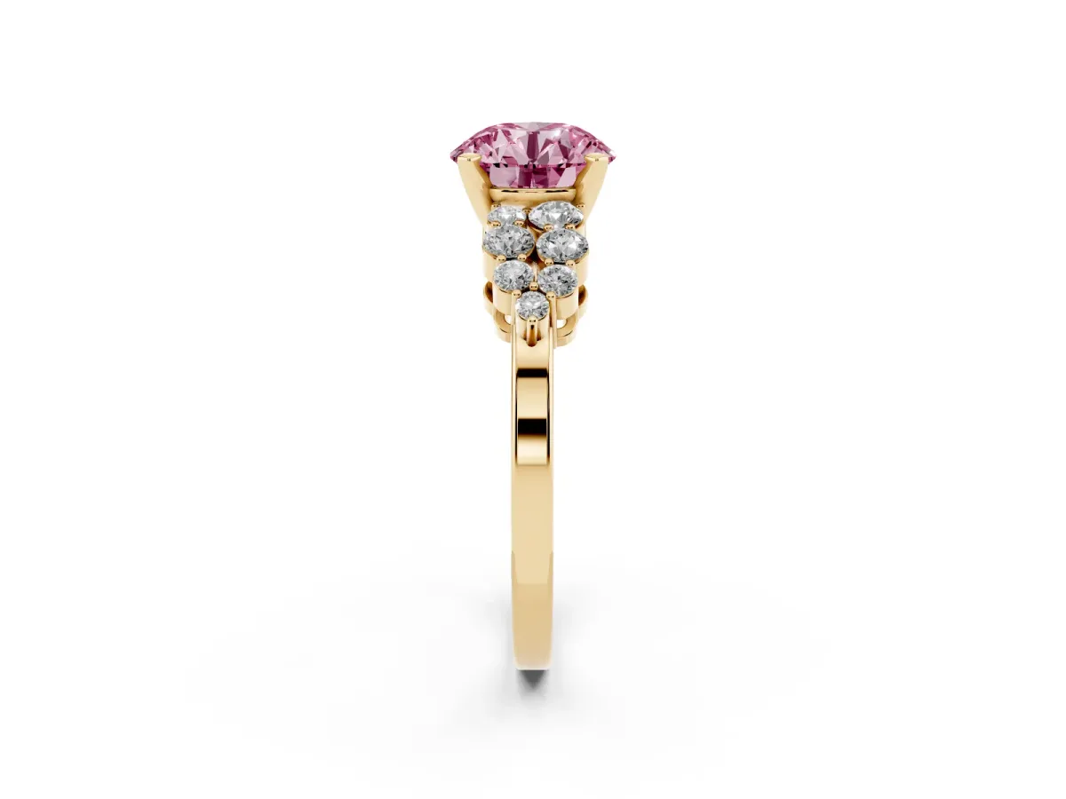 Fancy Pink Round Cut Cluster Diamond Engagement Ring with Pavé Band and Four-Prong Setting Yellow gold